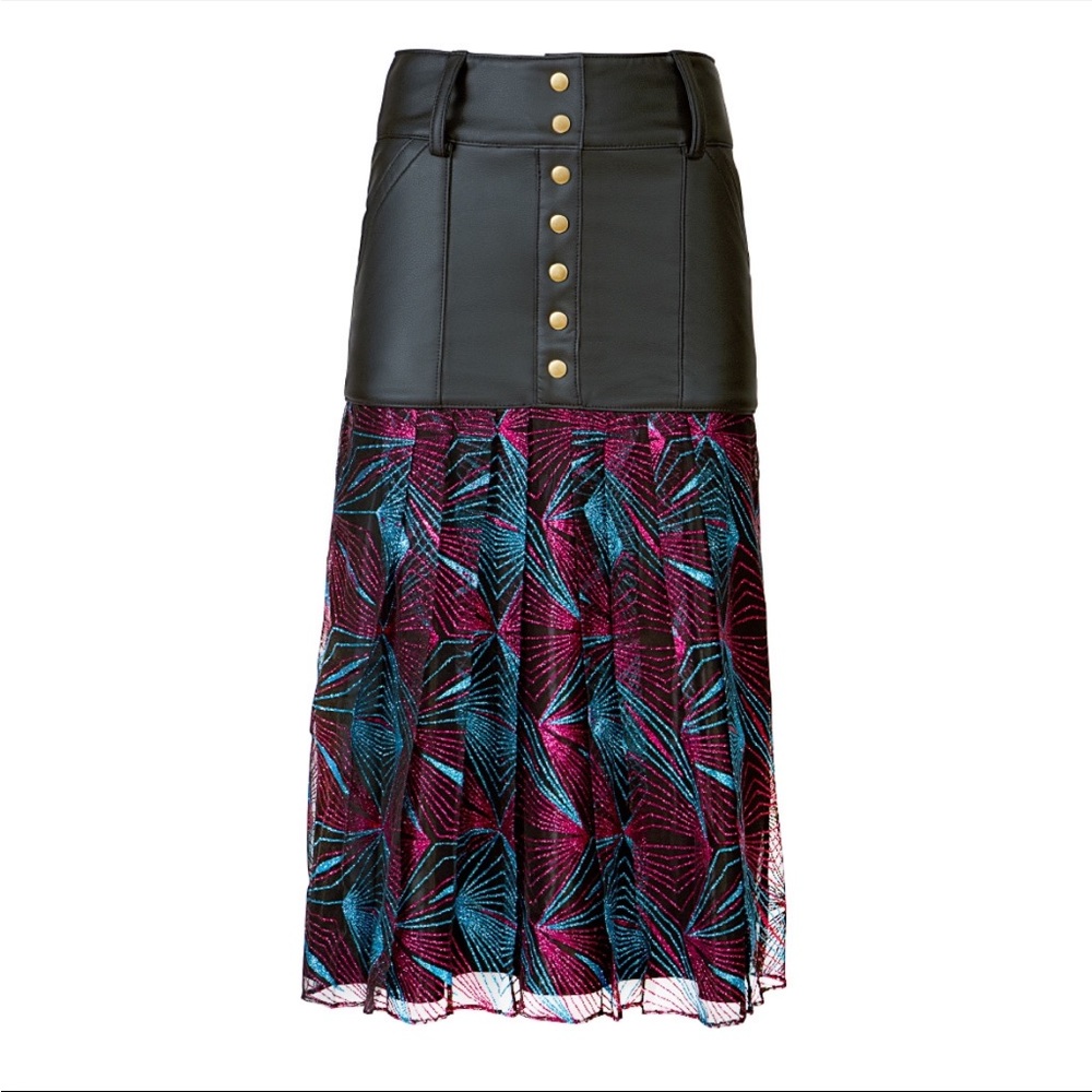 Black Faux Leather and Magenta Metallic Leaf Midi Skirt